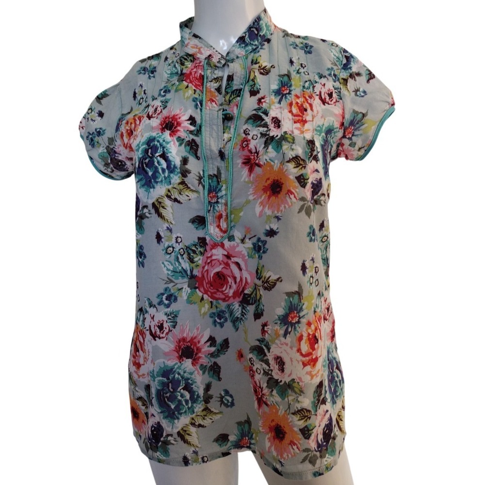 Unbranded Blouse Woman S Blue Floral Asian Style‎ Short Sleeves Sheer Side Slits